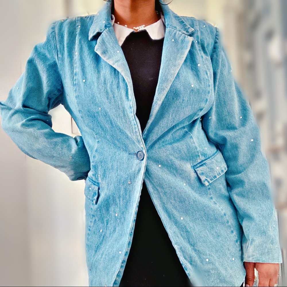 Vintage Denim Blazer with Rhinestone Accents